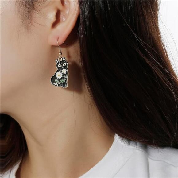 Adorable Black Cat Dangle Earrings - Cute Flower Jewelry Gift for Cat Lovers - Picture 2 of 5